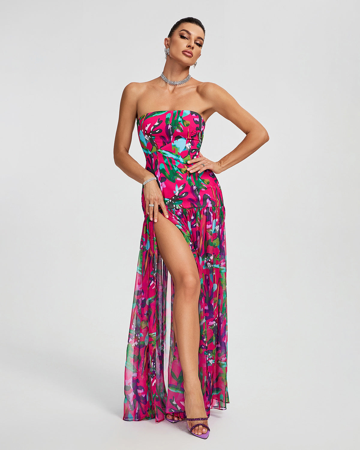 Strapless Chiffon High Split Maxi Dress