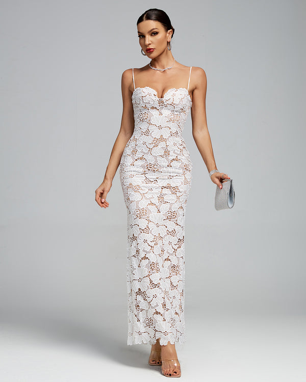 White Floral-Embroidered Bodycon Maxi Dress
