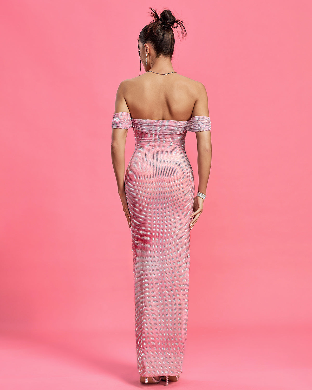 Pink Off-Shoulder Rhinestone Maxi Dress