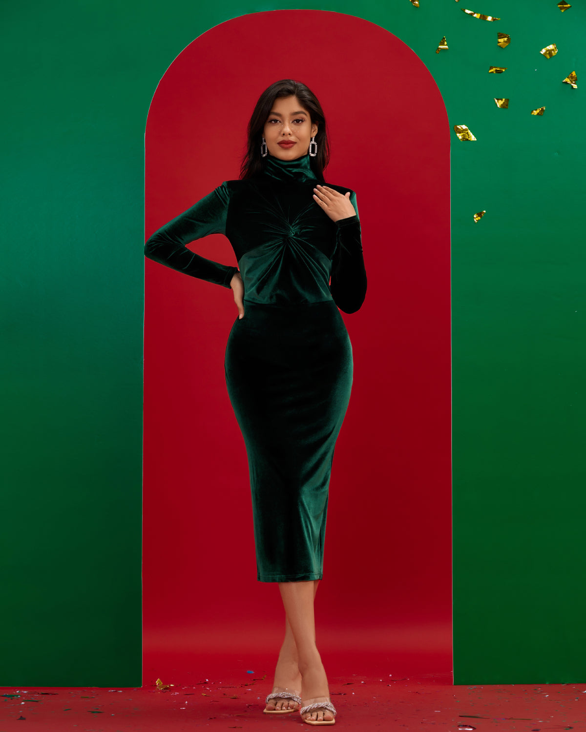 Green Women' Bodycon Dress High Neck Dark Green/ by Wolddress Vacation
