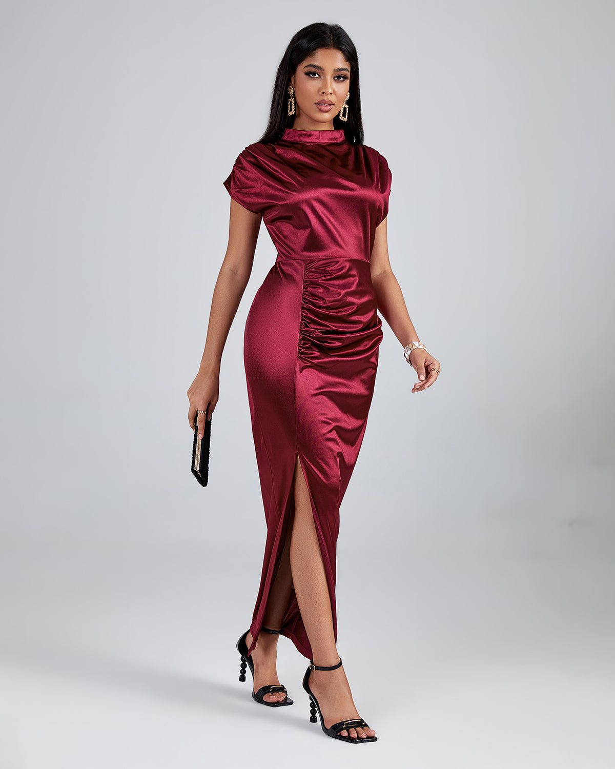 Burgundy High Neck Split Maxi Dress