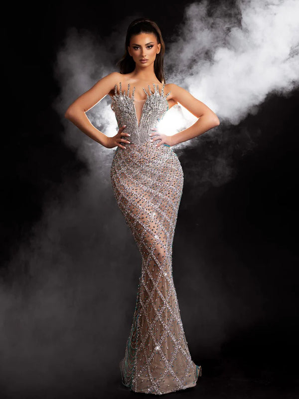 Sequin & Crystal-Embellished Evening Dress