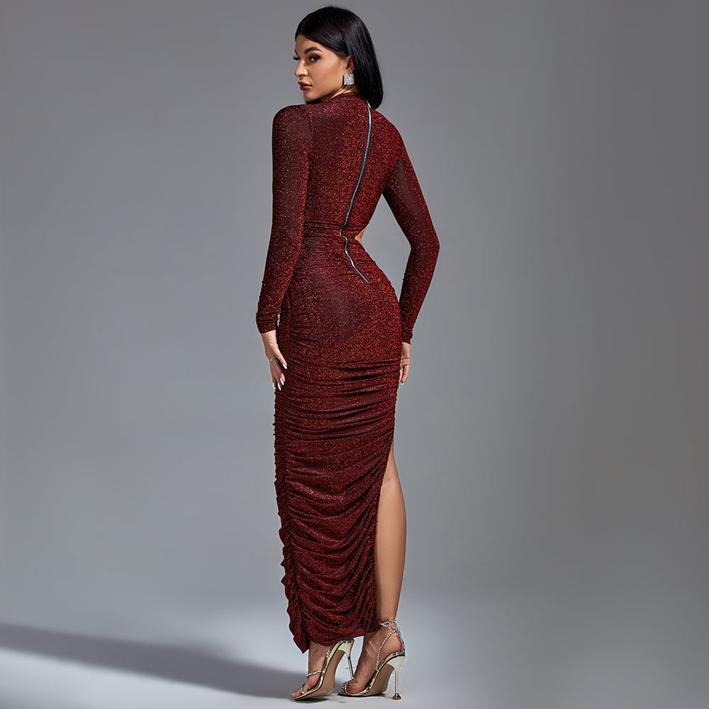 Long Sleeve Metallic Jersey Cutout Dress KLYF393 | Wolddress