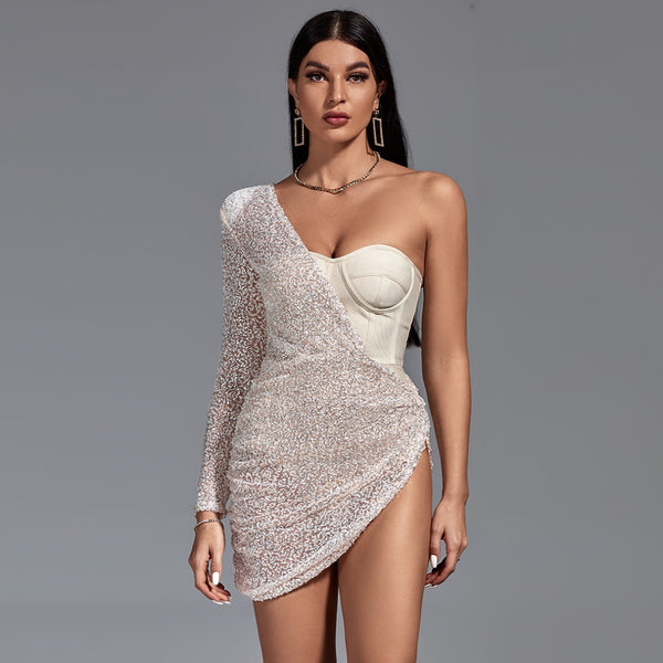 Sequined Draped One Sleeve Bustier Dress