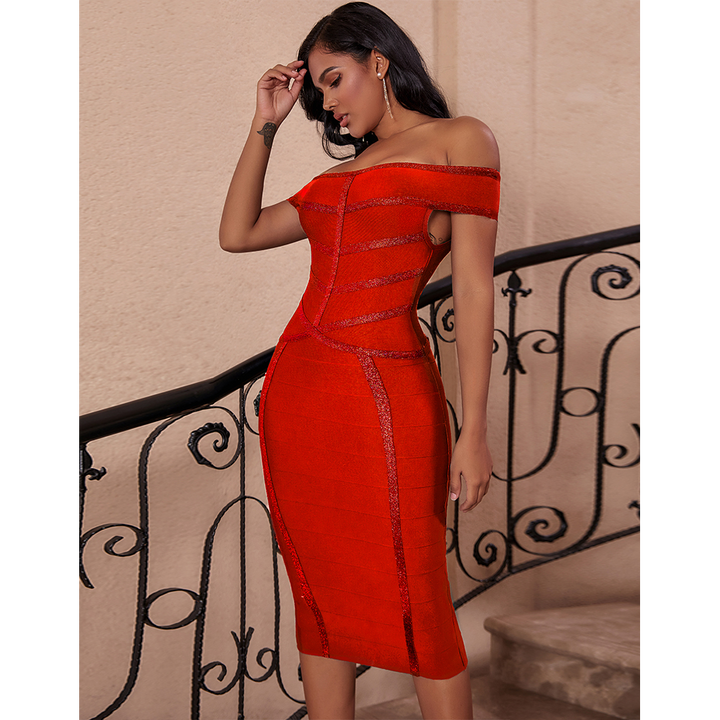 Off Shoulder Stripes Over Knee Bandage Dress PP19303 5 in wolddress