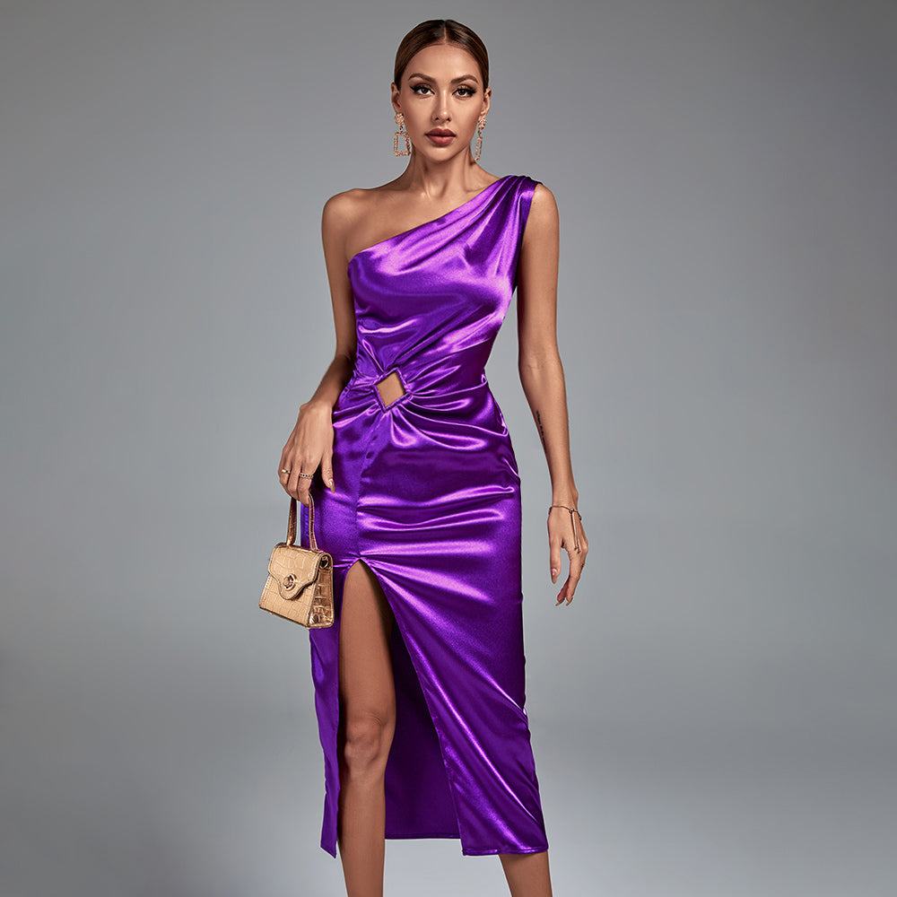Purple Bodycon Work Dress One Shoulder Midi Hollow Out by Wolddress Luxury Party