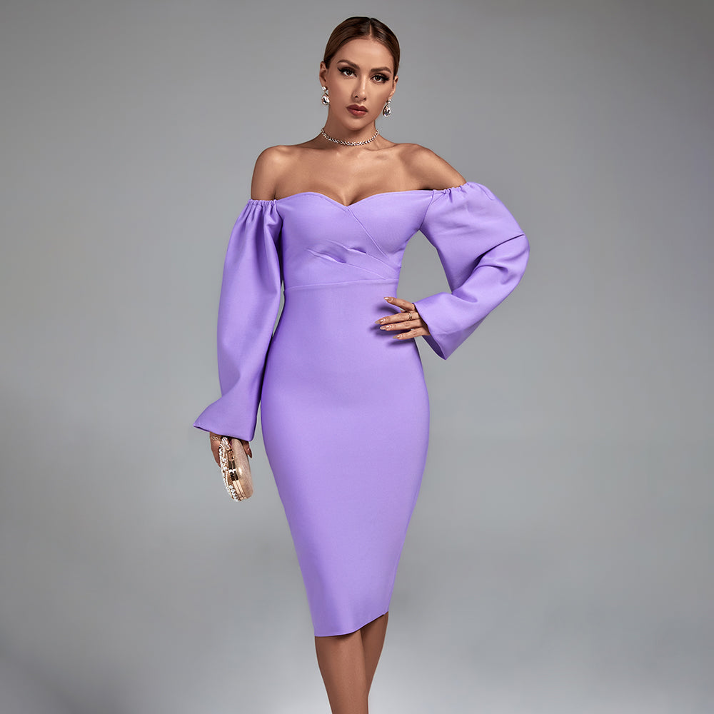 Purple Off Shoulder Long Sleeve Midi Bandage Dress | Wolddress