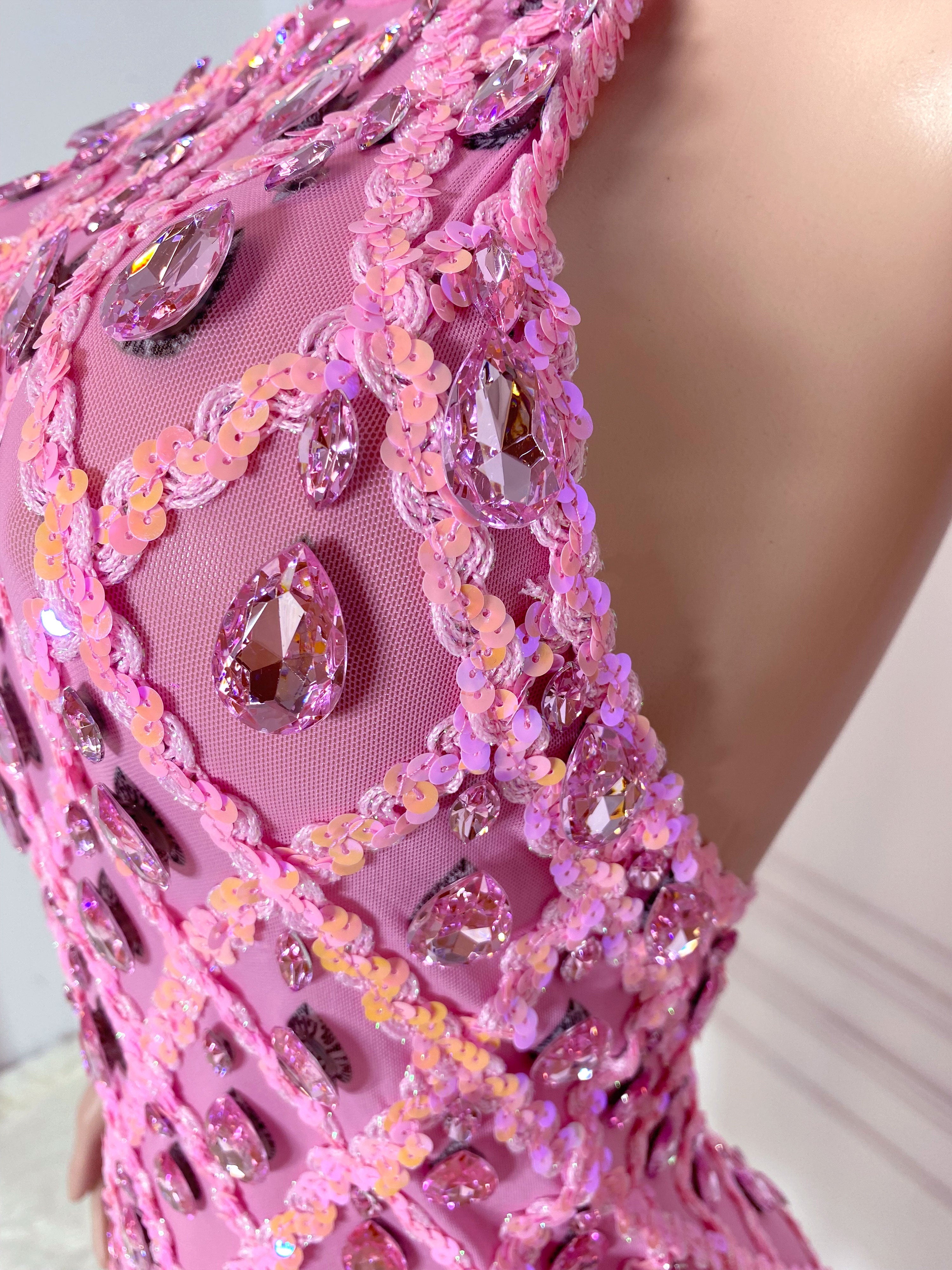 Pink See Through and Big Rhinestone Sleeveless Mini Dress