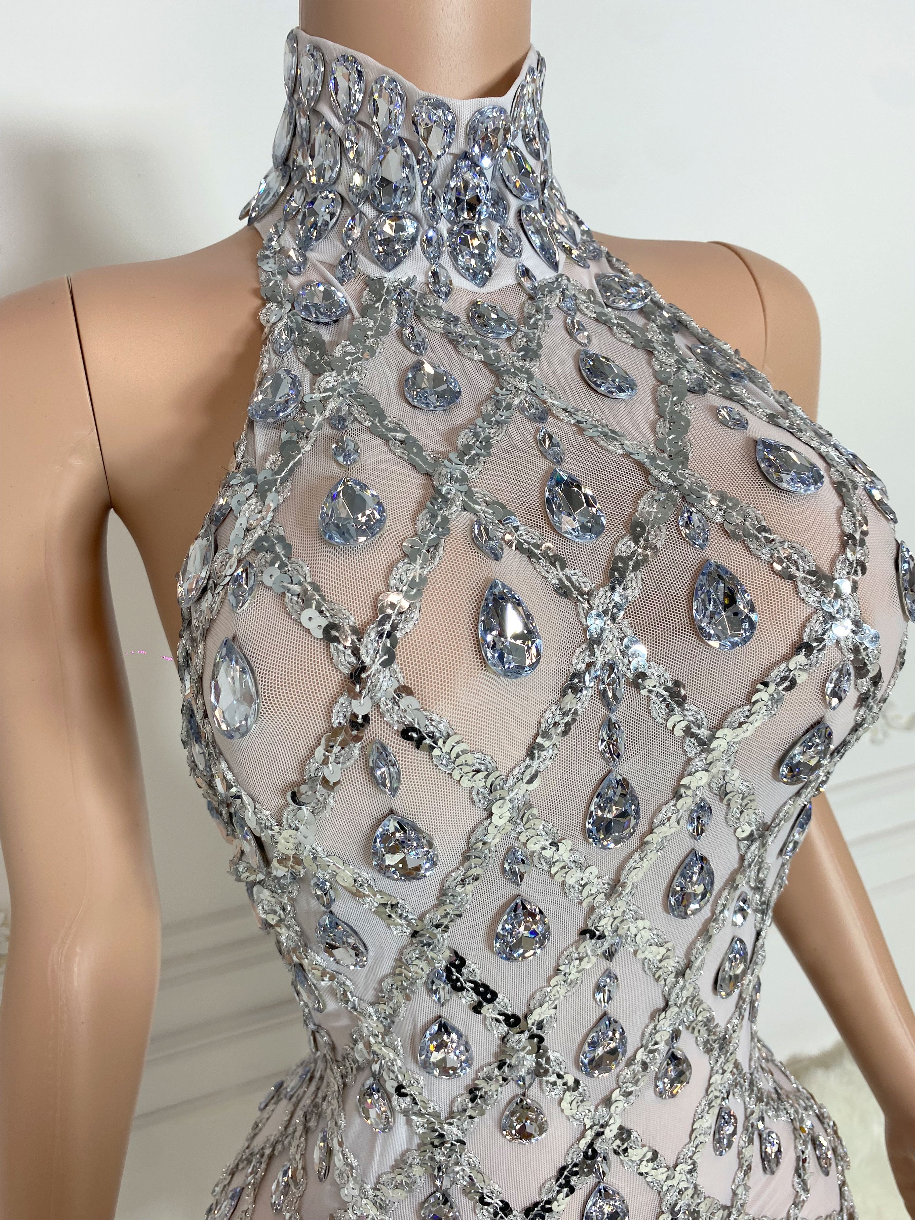Silver See Through and Big Rhinestone Sleeveless Mini Dress