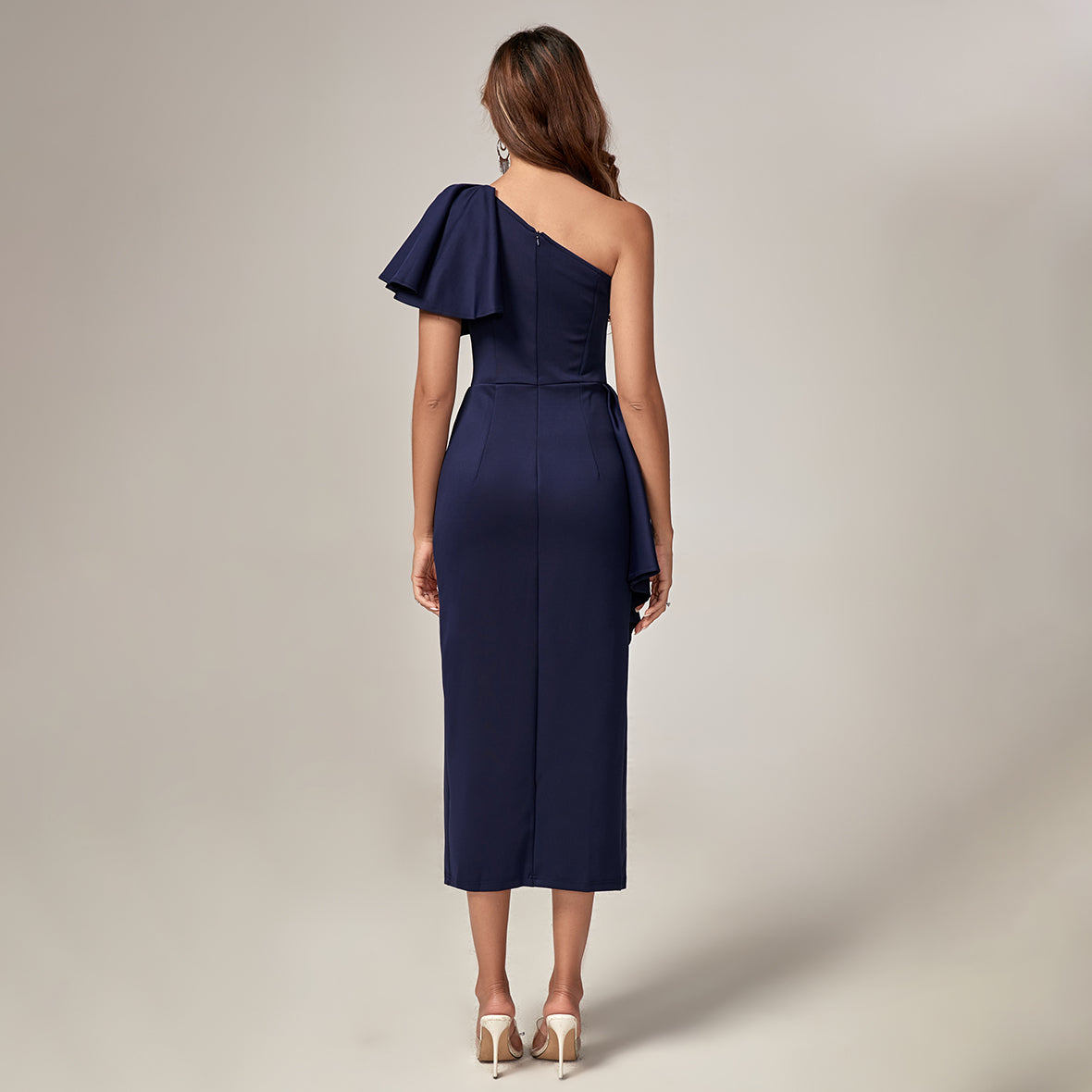 One Shoulder Asymmetric Frill Midi Dress