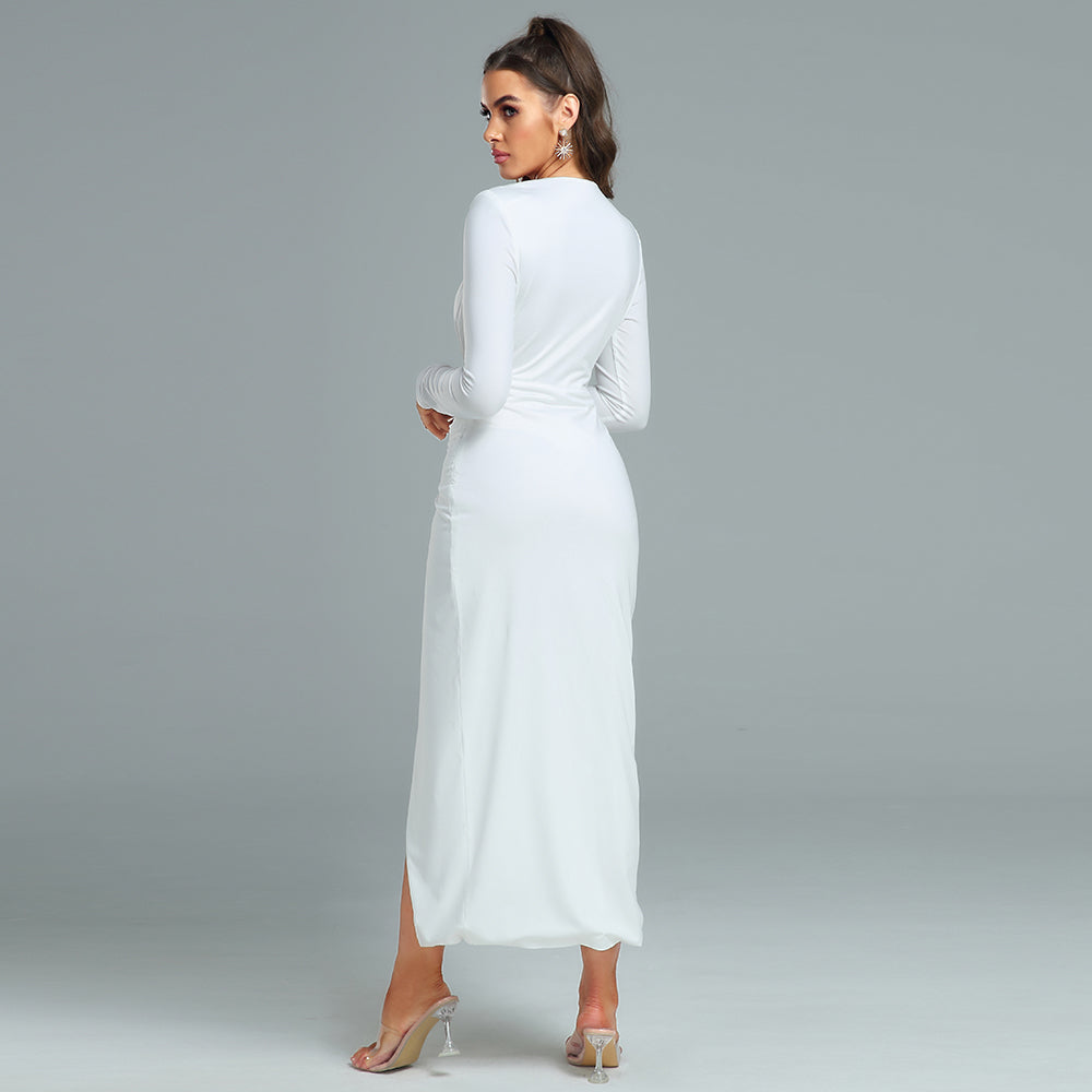 White V Neck Long Sleeve Ruched Maxi Bodycon Dress HI1146 – wolddress