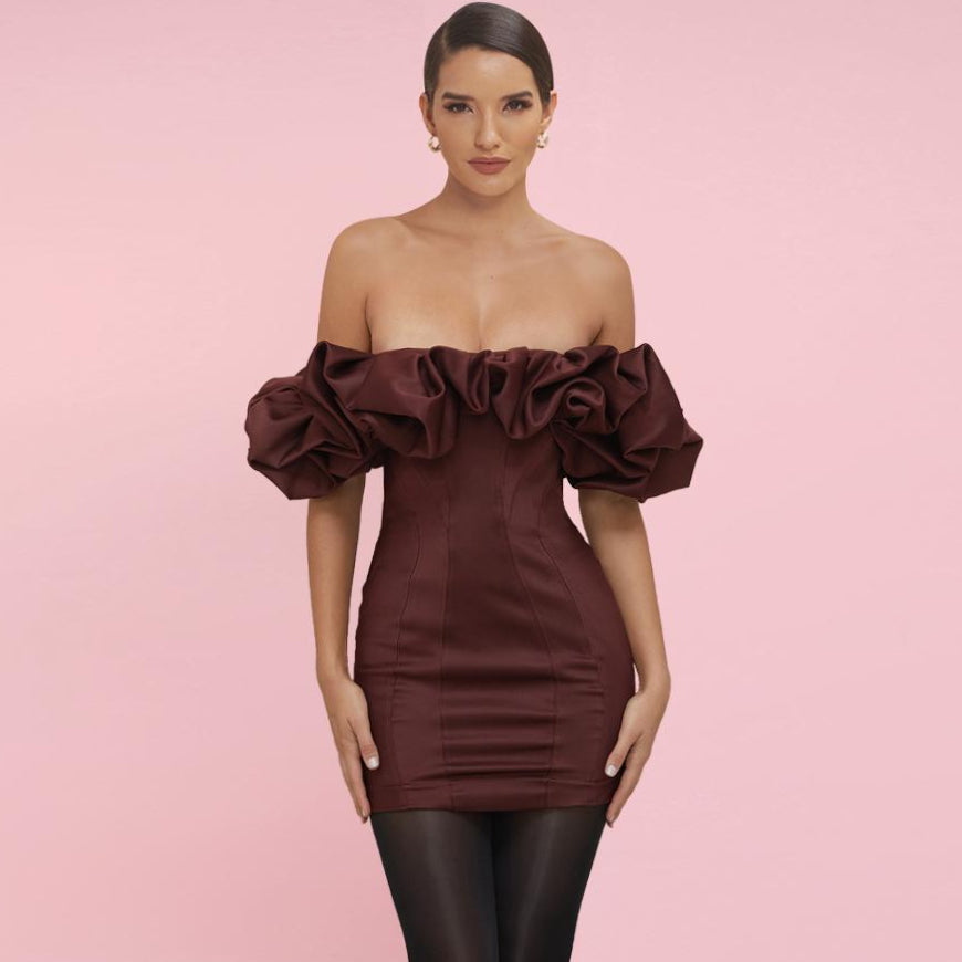 off shoulder short sleeve frill mini bodycon dress Women' Off Shoulder Short Sleeve Frill Mini Wine Bodycon Dress by Wolddress Date Night
