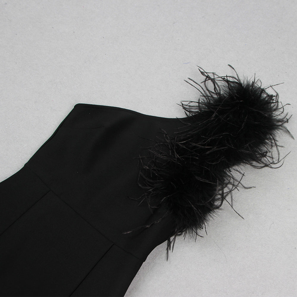 One Shoulder Sleeveless Feather Maxi Bandage Dress HL9447