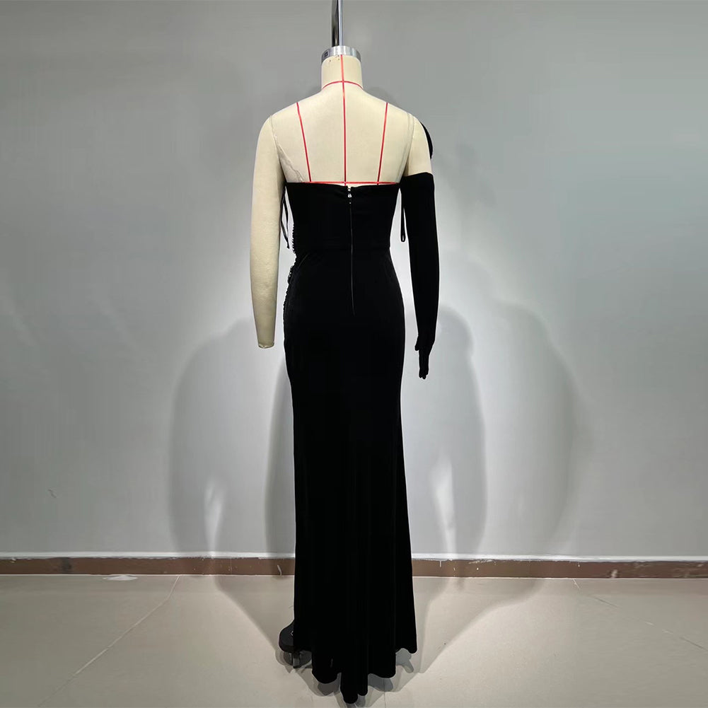 Strapless Sleeveless Rhinestone Maxi Bodycon Dress HT939