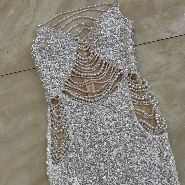 Strapless Sleeveless Pearl Chain Sequins Maxi Bodycon Dress wolddress Strapless Sleeveless Pearl Chain Sequins Maxi Bodycon Dress wolddress