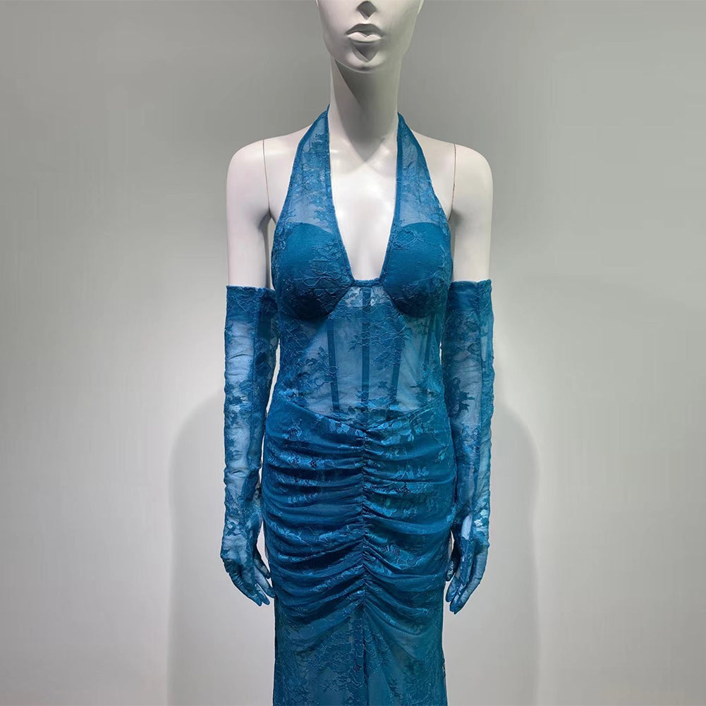 Halter Sleeveless Lace Maxi Bodycon Dress HT987