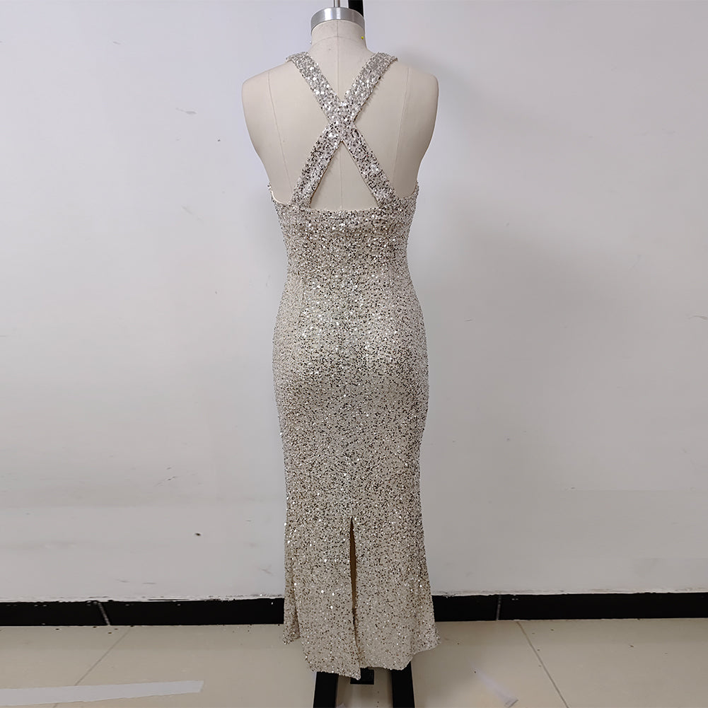 Strappy Sleeveless Sequins Maxi Dress KLYF1046