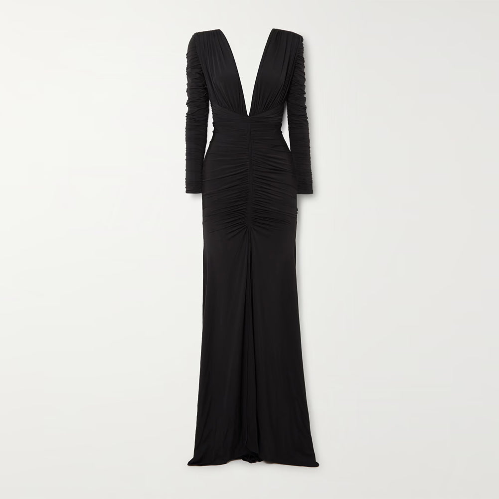 V Neck Long Sleeve Low Cut Wrinkled Maxi Dress Wolddress