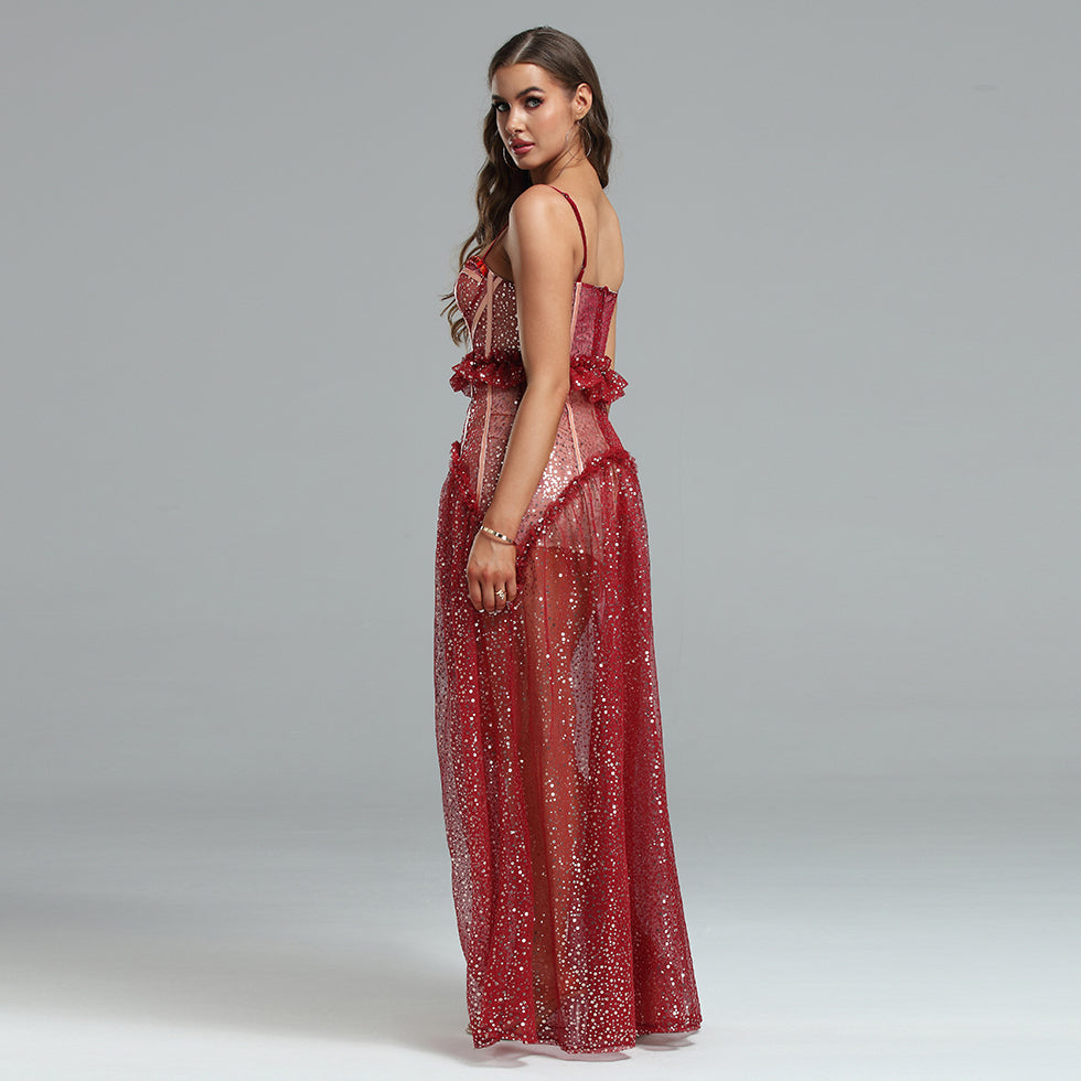 Strappy Sequins Mesh&Lace Maxi Dress