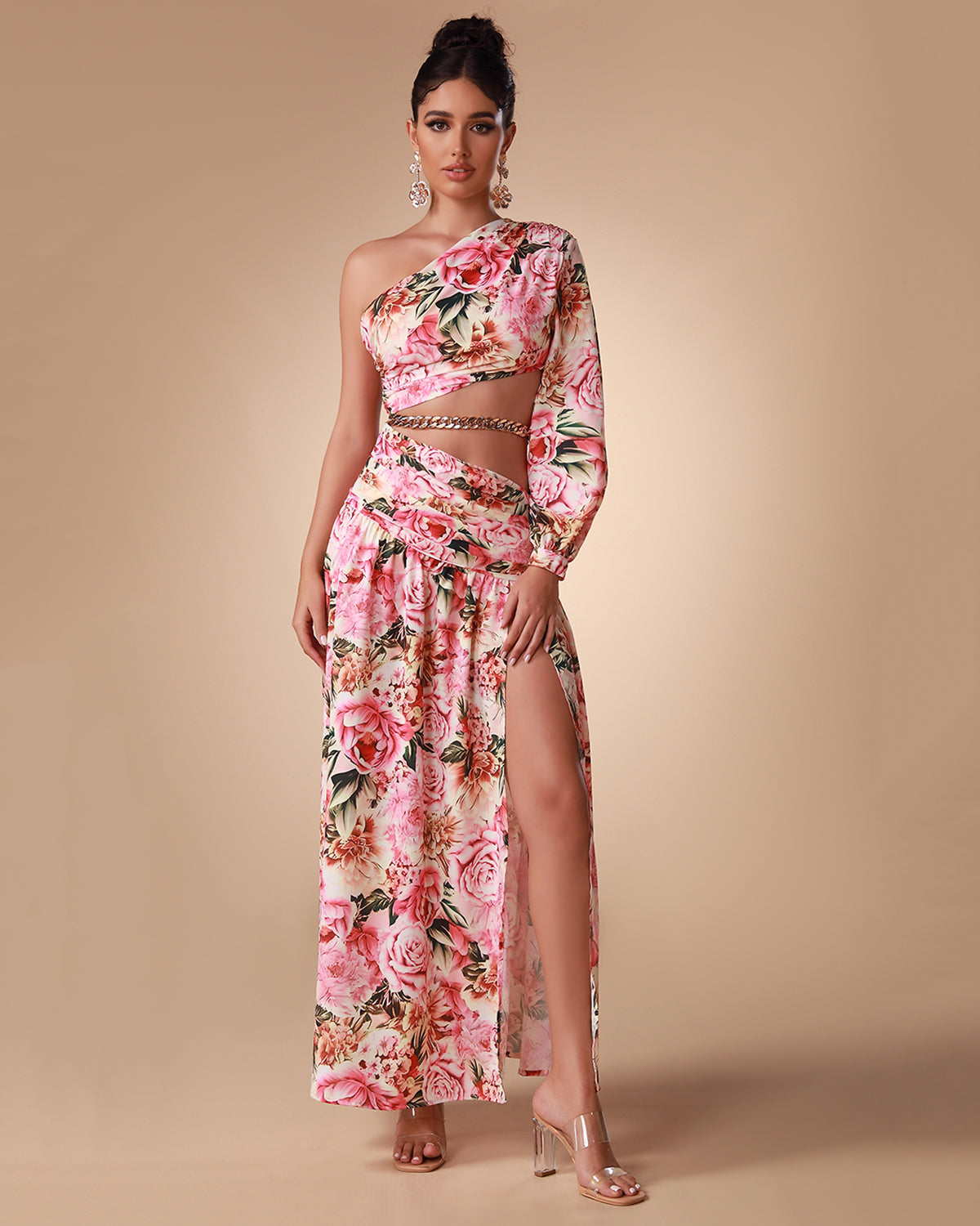One Shoulder Chain Floral Maxi Dress