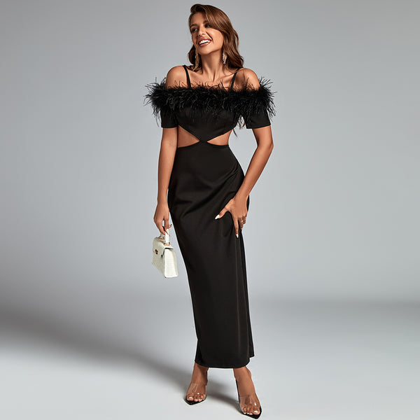 Strappy Feather Short Sleeve Maxi Exposed Waist Dress