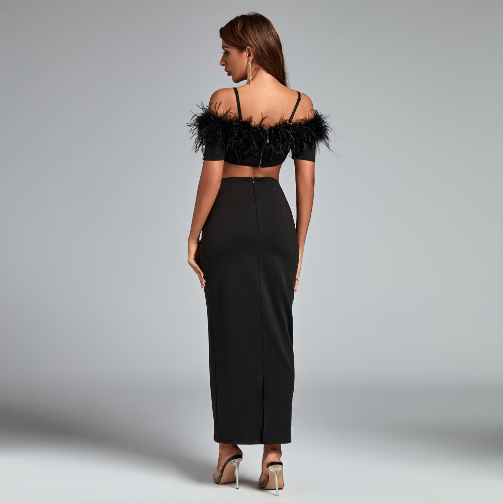 Strappy Feather Short Sleeve Maxi Exposed Waist Dress