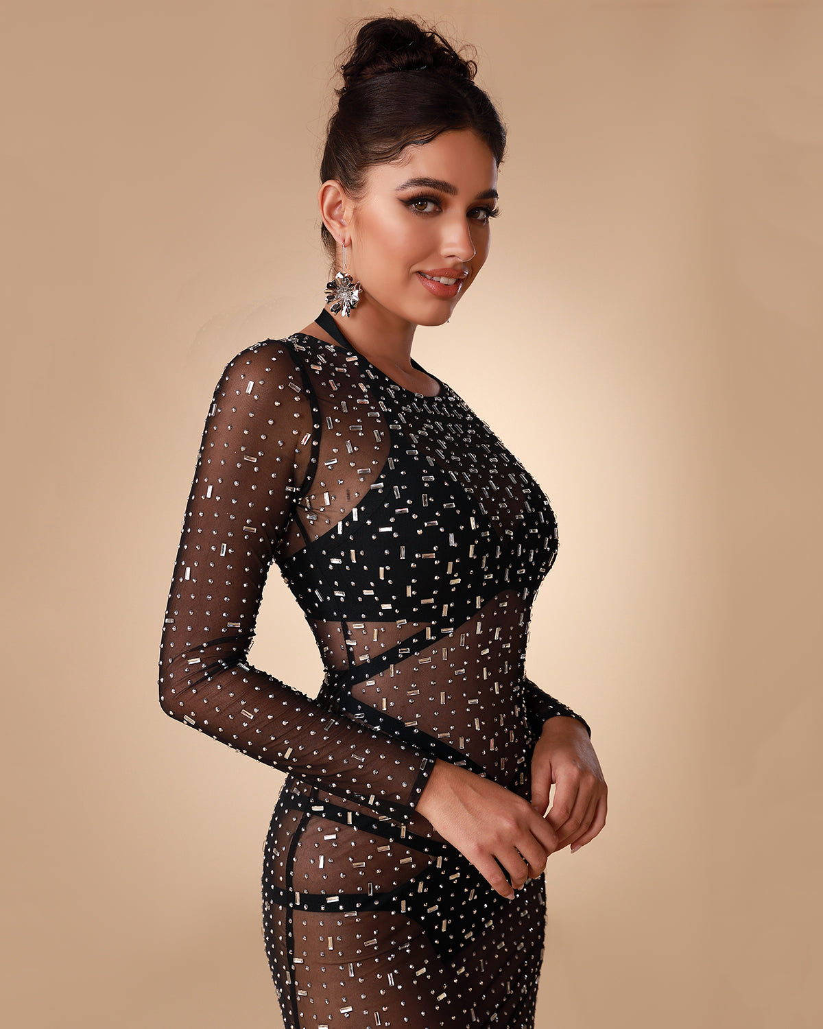 See Through Mesh Pearl Cover Up Dress