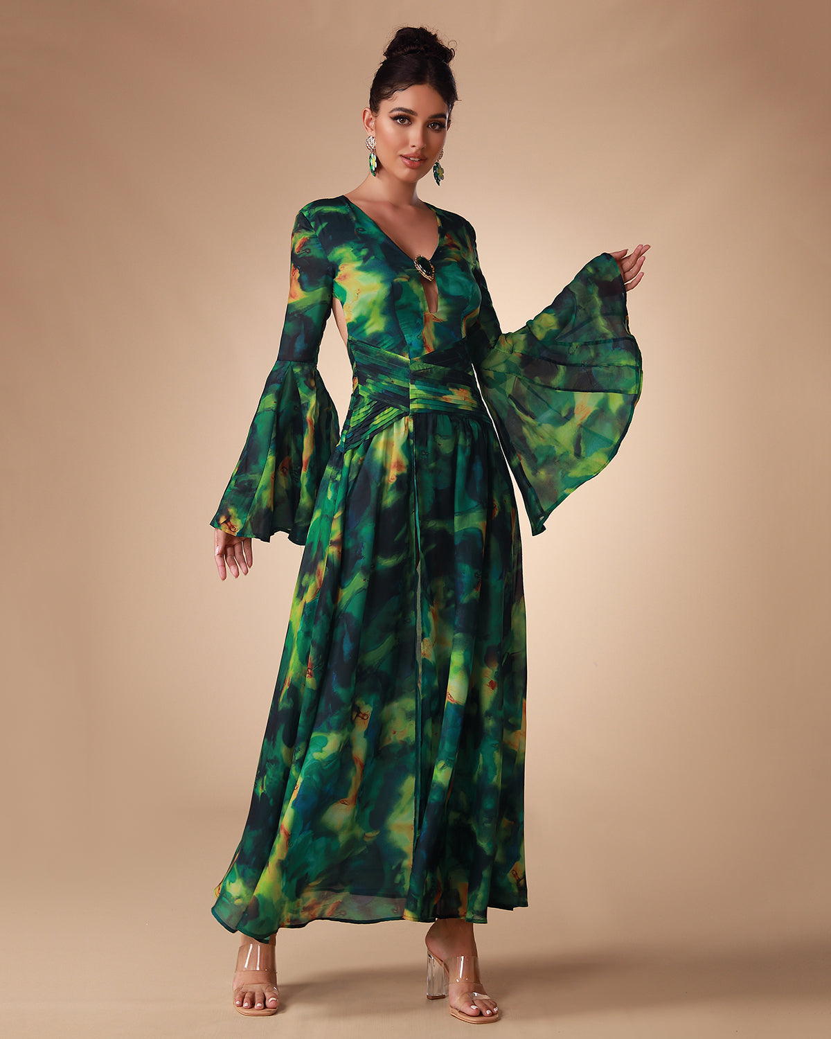 Bell Sleeve Printed Chiffon Maxi Dress