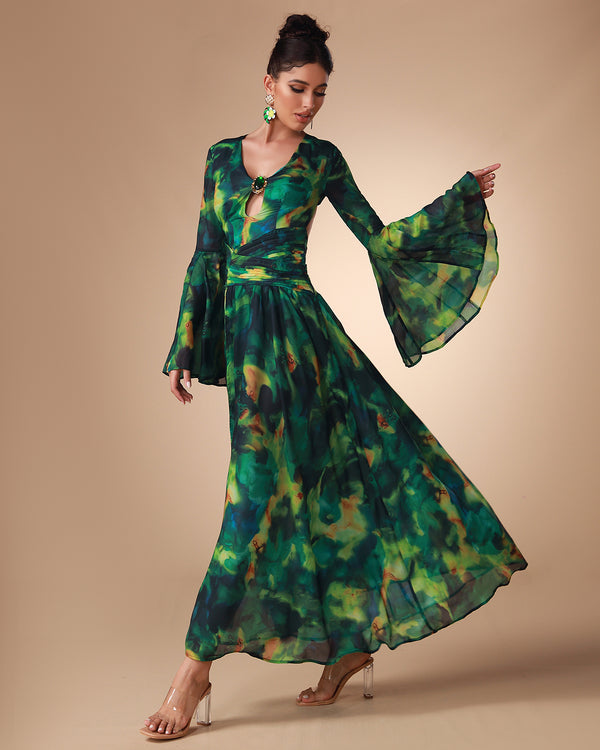 Bell Sleeve Printed Chiffon Maxi Dress
