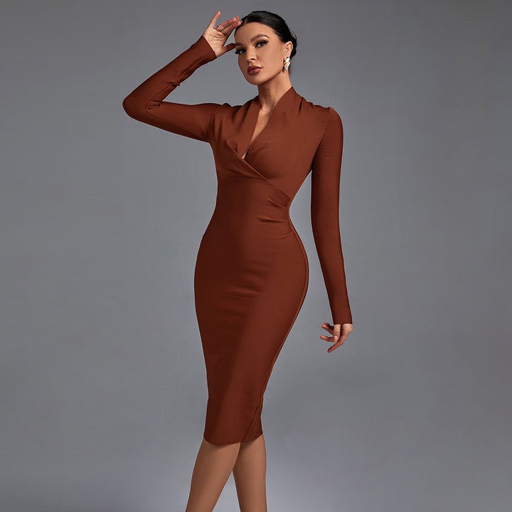 long sleeve v neck bandage dress Bandage Long Sleeve Mini Dress With Mesh Cutouts Magenta / Small
