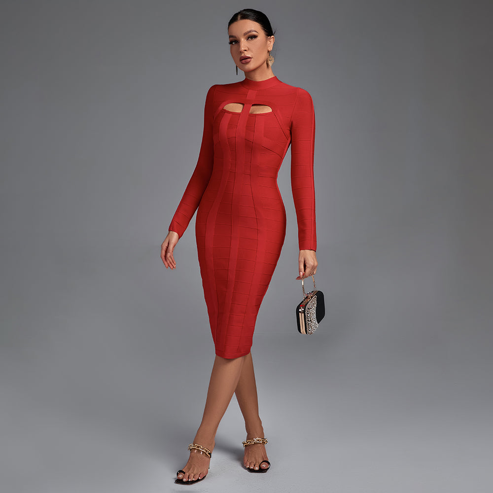 High Neck Long Sleeve Cut Out Over Knee Bandage Dress