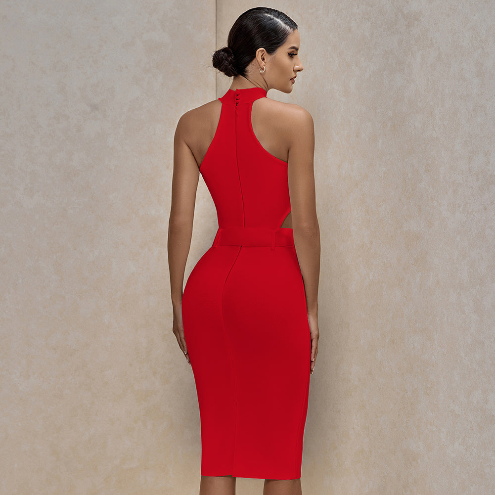 High Neck Sleeveless Cut Out With Belt Bandage Dress PP19425