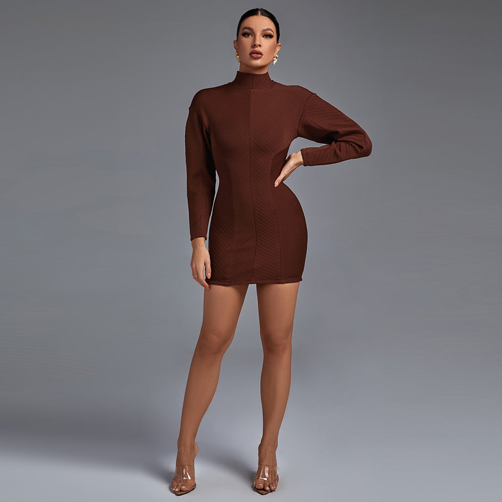 Brown High Neck Long Sleeve Striped Mini Bandage Dress