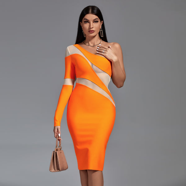 Tangerine Asymmetrical Mesh Bandage Dress