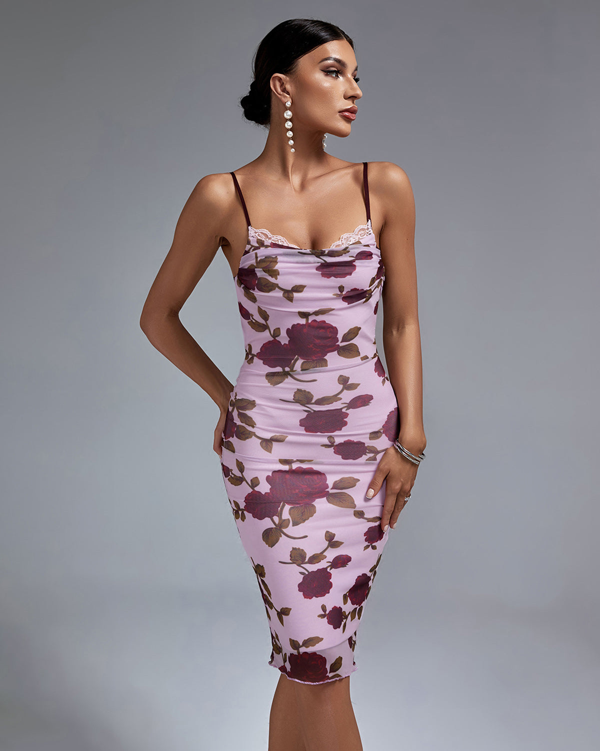 Light Pink Purple Pink Floral Midi Dress PP23021