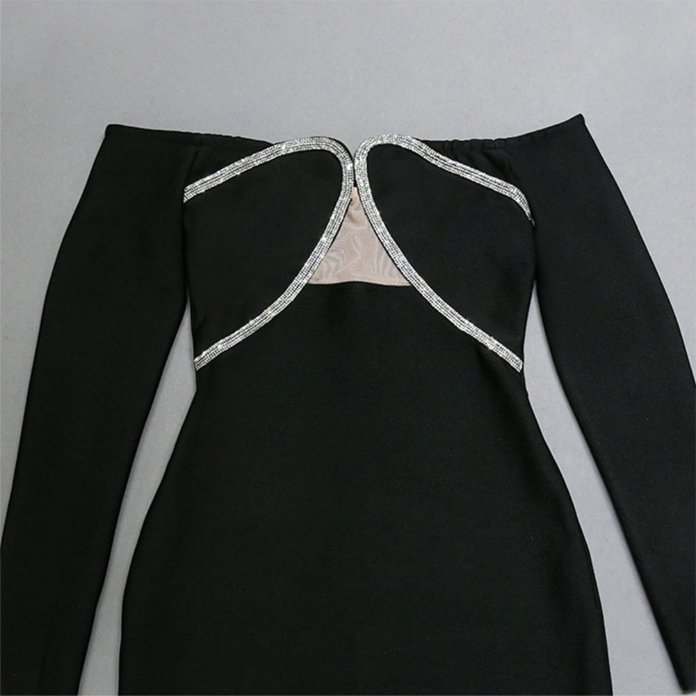 Square Collar Long Sleeve Rhinestone Midi Bodycon Dress PZC2328