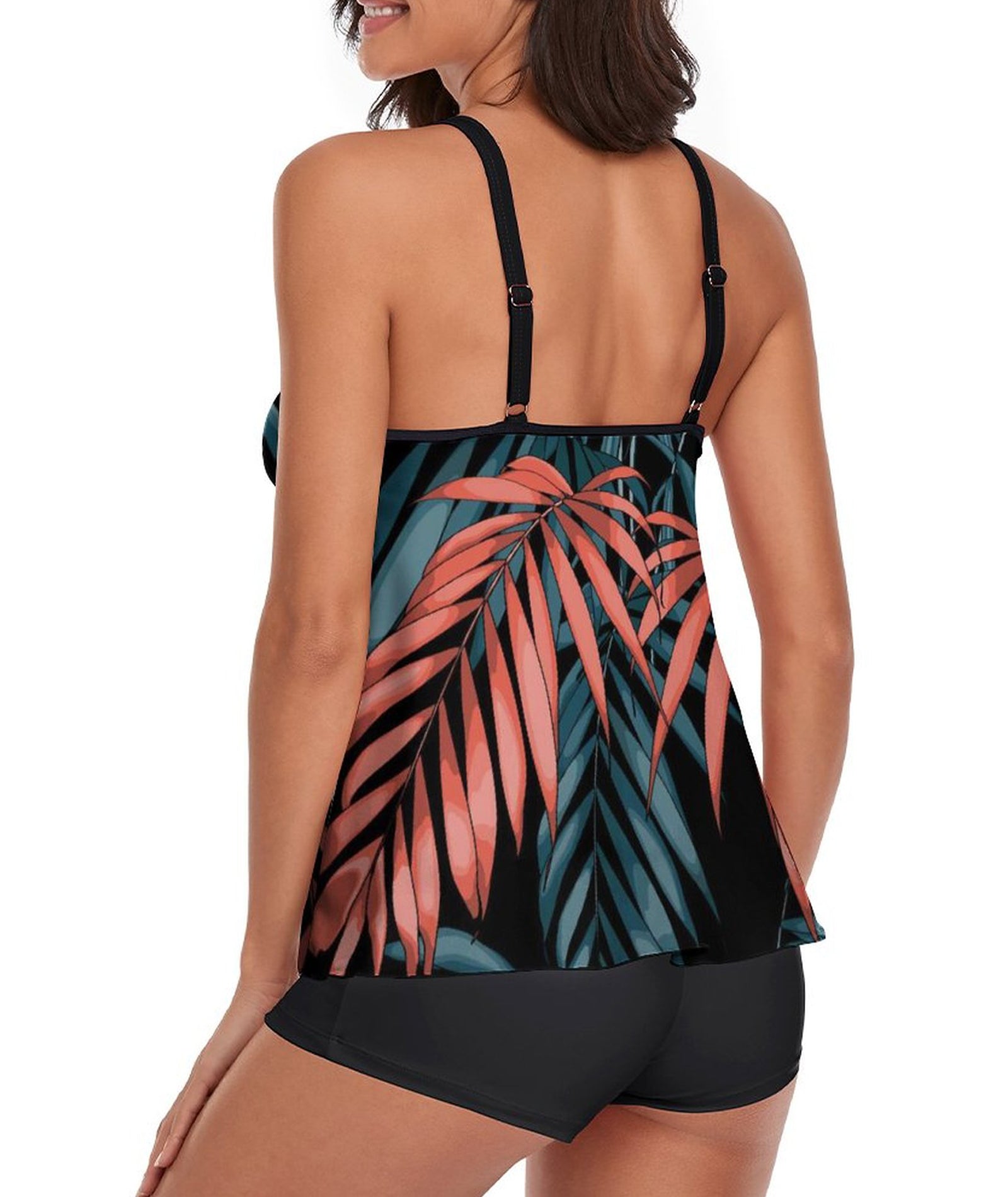 Tankini Print Leaf Tank Top Two Piece Bathing Suits with Boyshorts