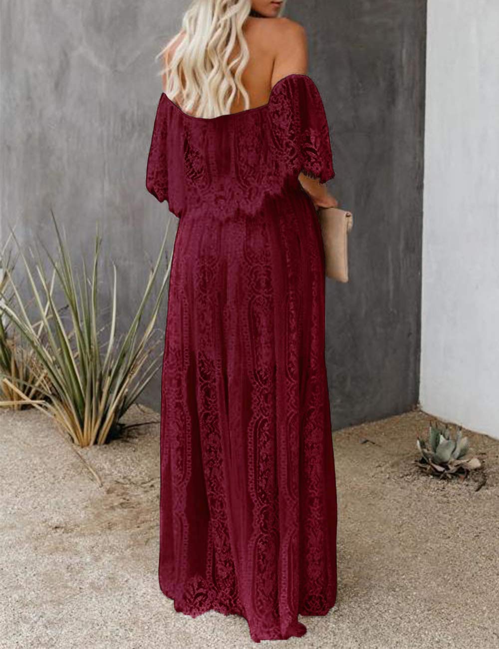 Off Shoulder Short Sleeve Floral Lace Bridesmaid Maxi Dress SN611491