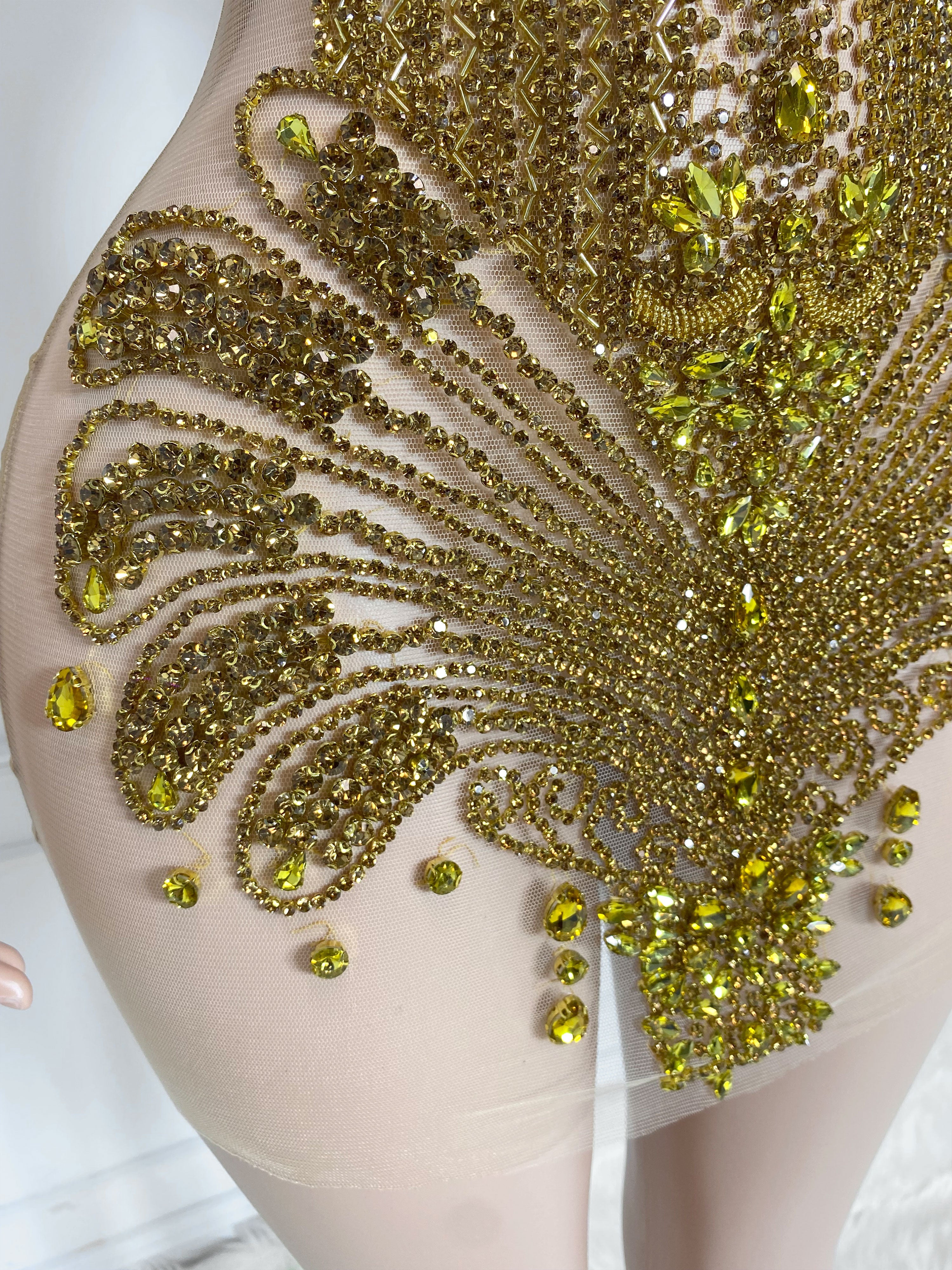 Gold Fur and Rhinestone Embellished Sleeveless Mini Dress