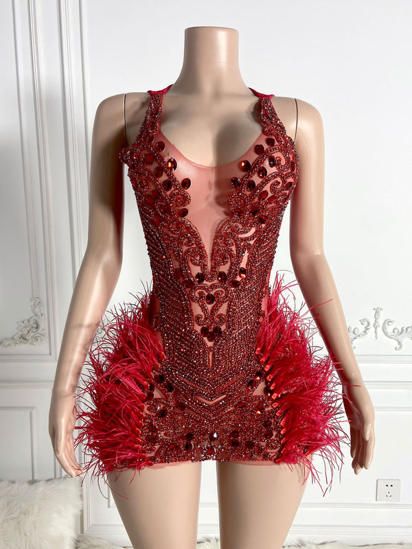 Red Stunner Feather Mini Dress