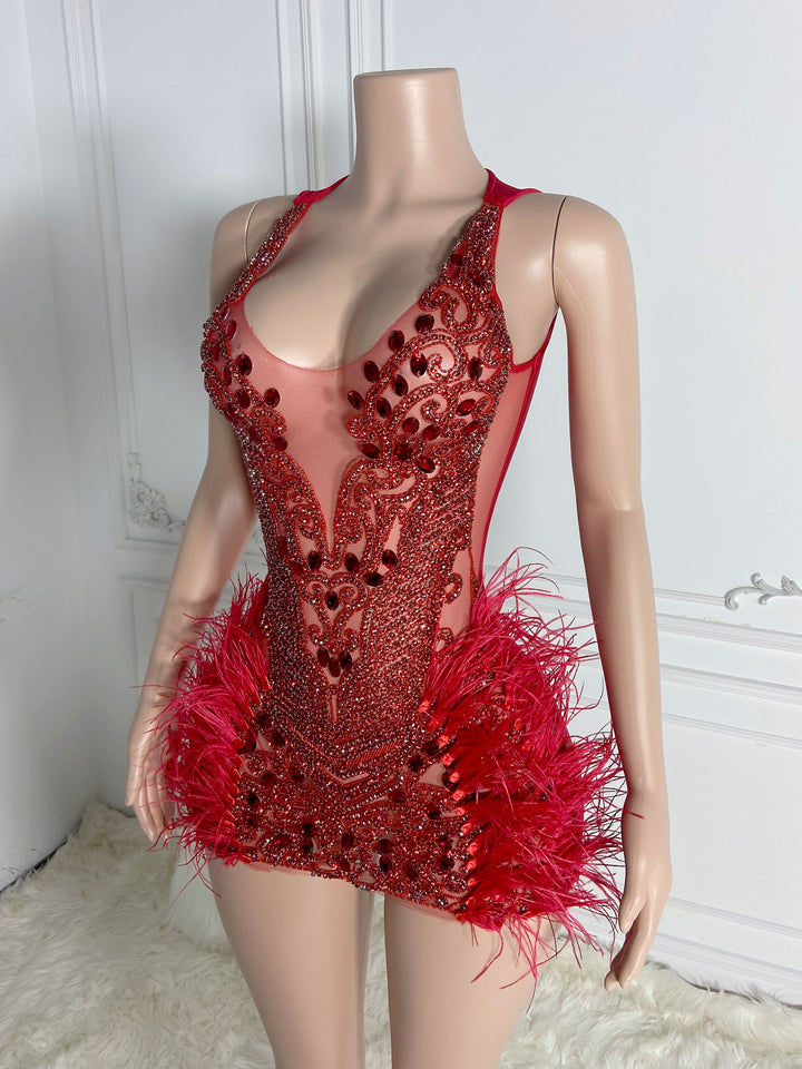 Red Stunner Feather Mini Dress