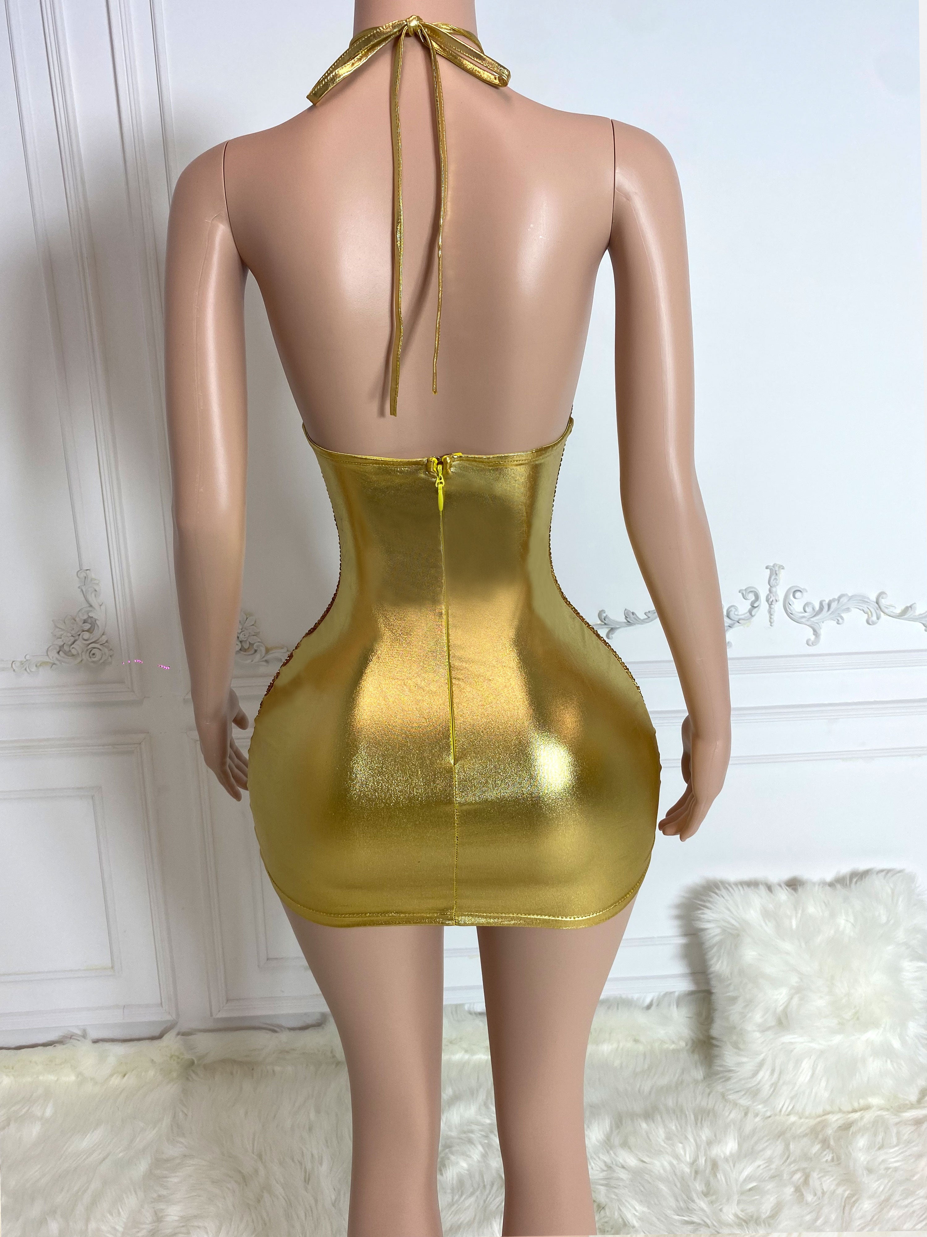 Gold Diamond Chains and Hollow Out Sleeveless Mini Dress