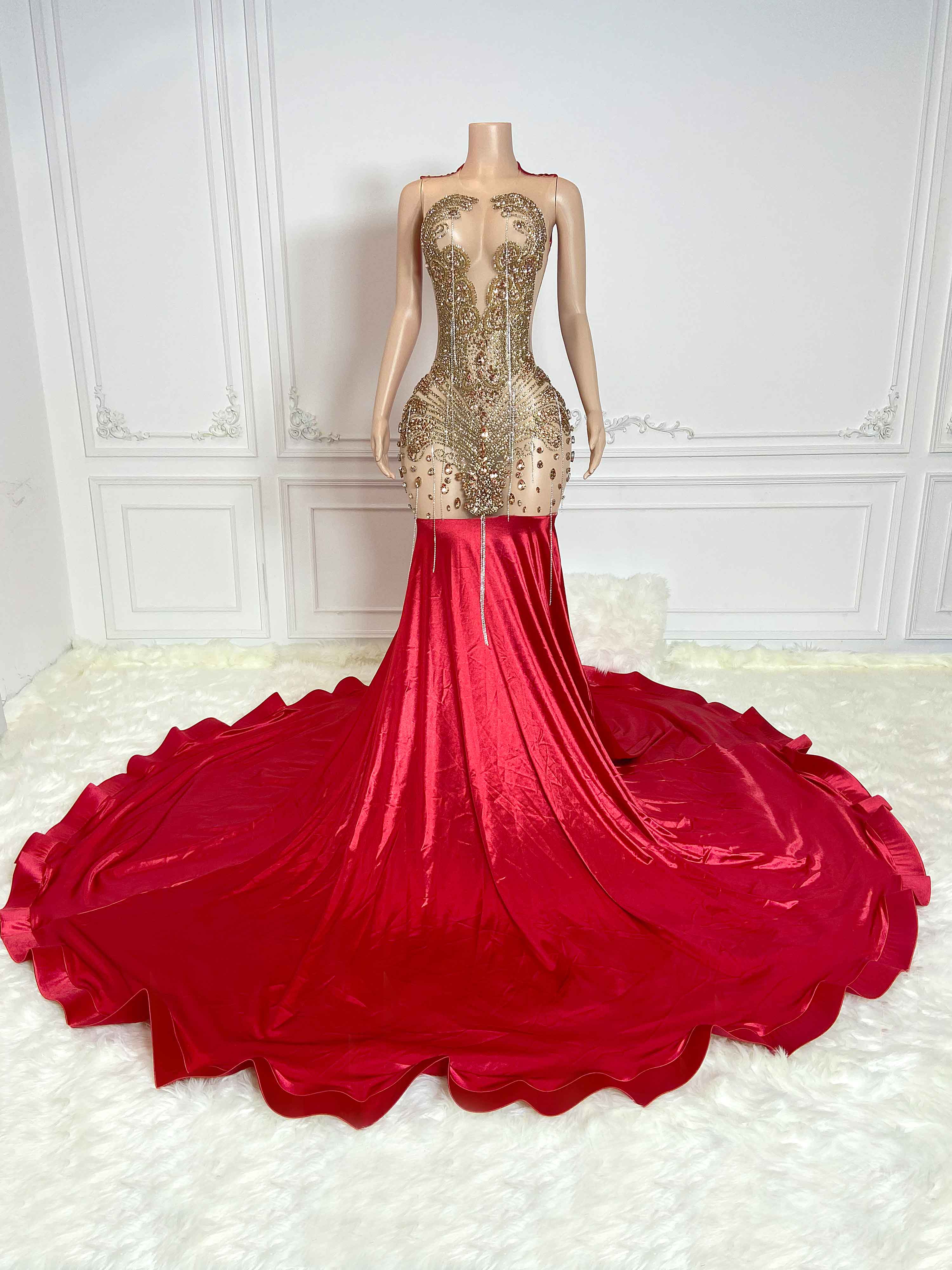 Red Fringe and Rhinestone Sleeveless Maxi Gown