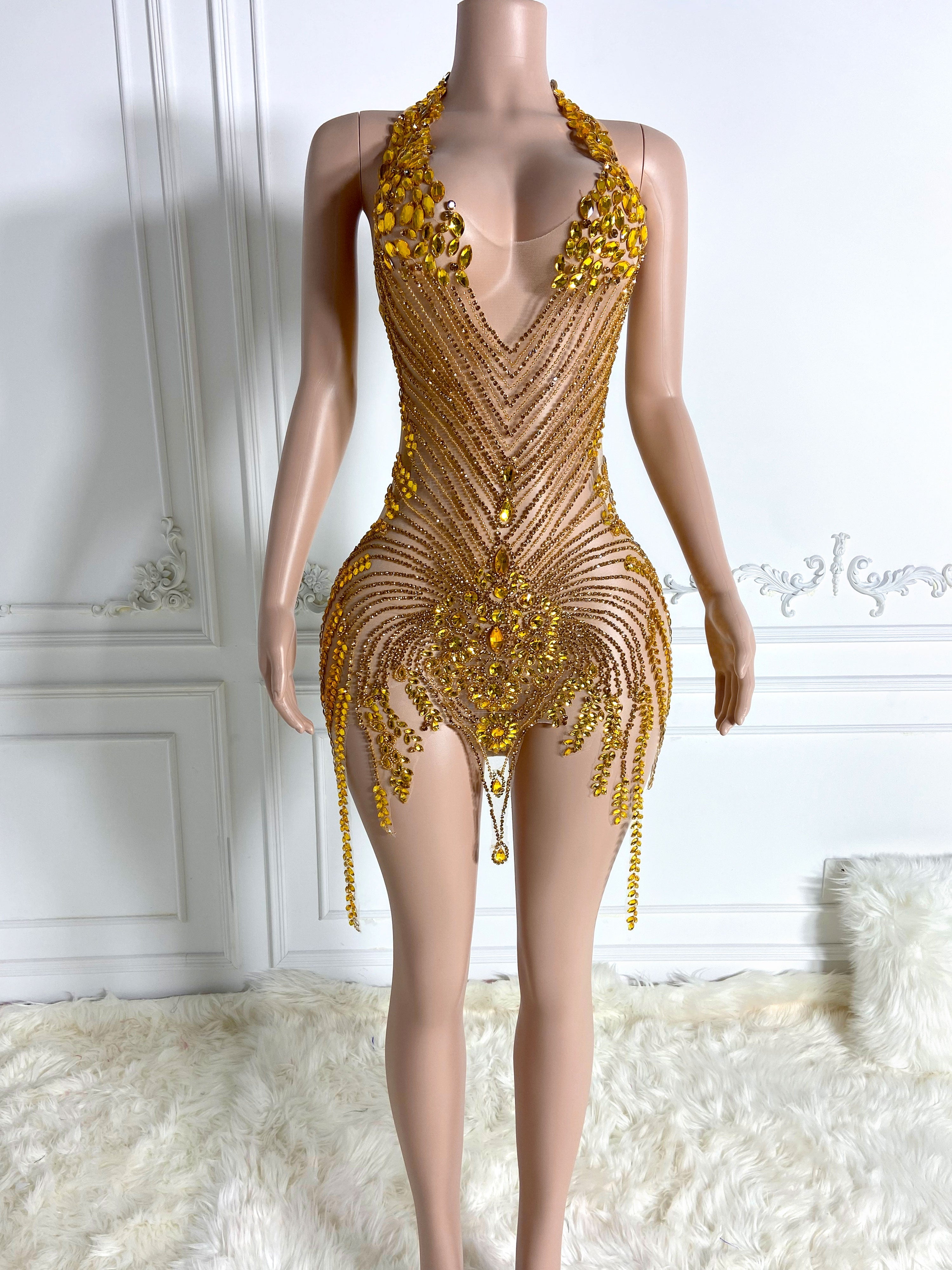 Radiant Gold Rhinestone Dress