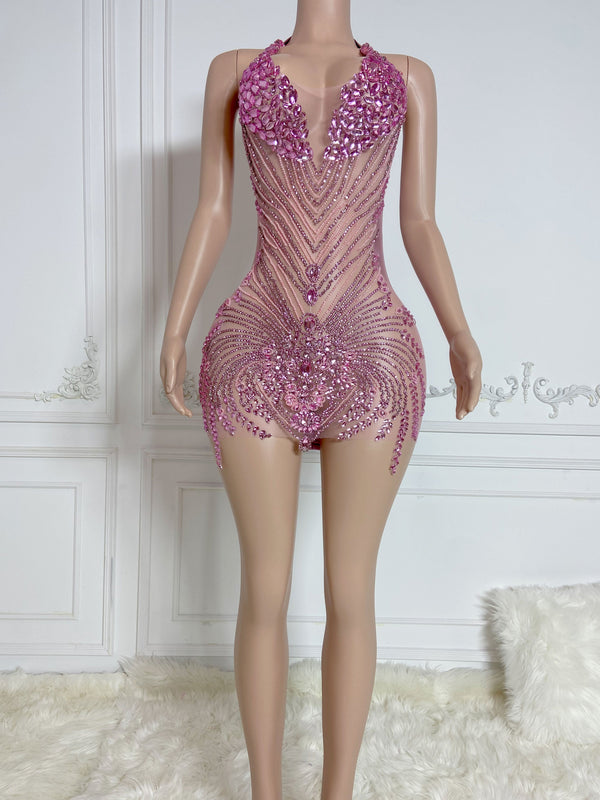 Rosy Glamour Rhinestone Dress