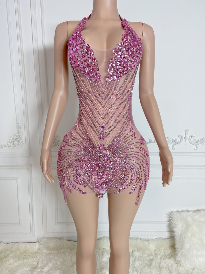 Rosy Glamour Rhinestone Dress