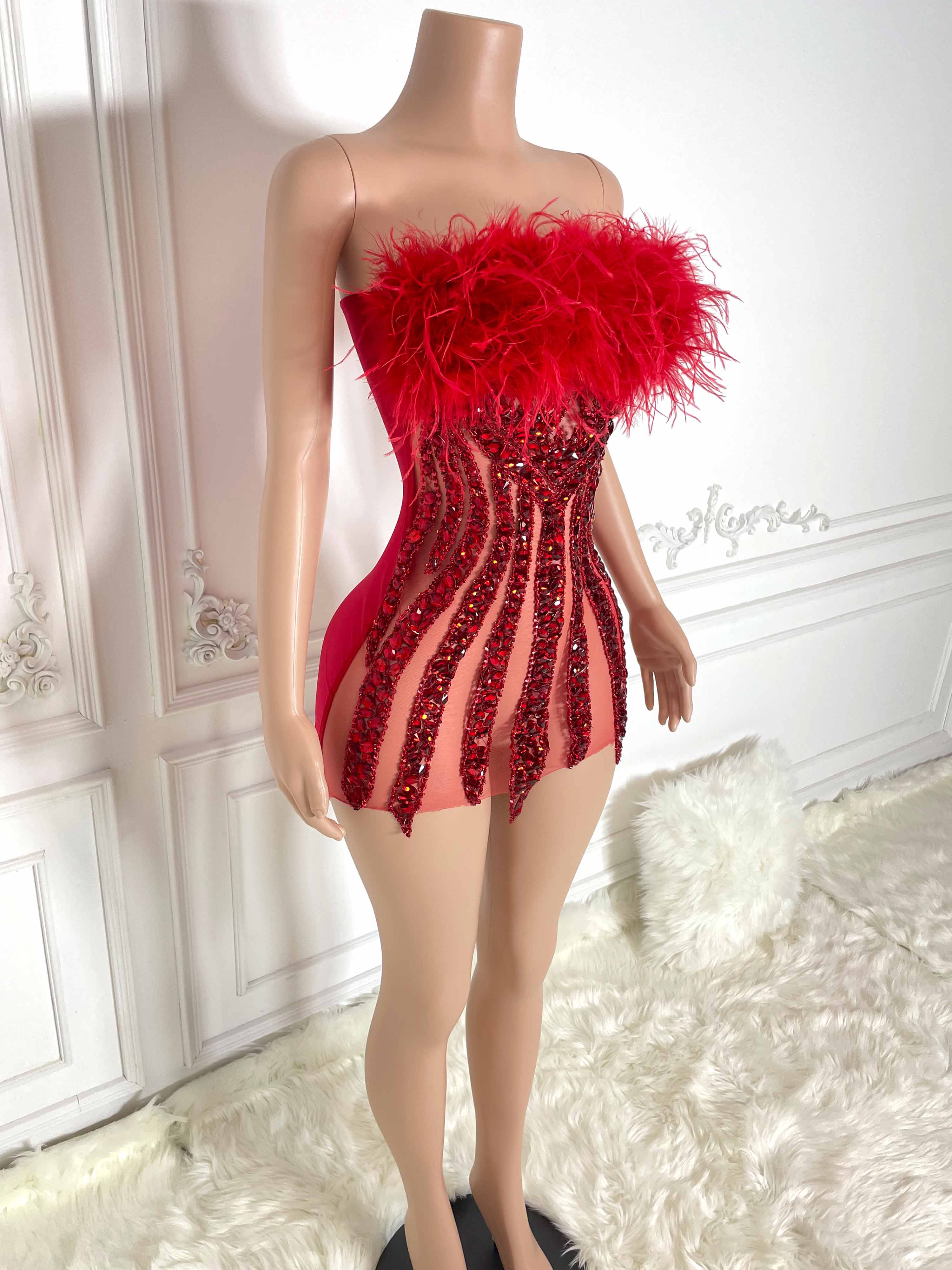 Red Fur and Rhinestone Strapless Sleeveless Mini Dress