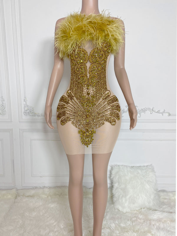 Gold Rhinestone Collar Sleeveless Rhinestone Mini Dress