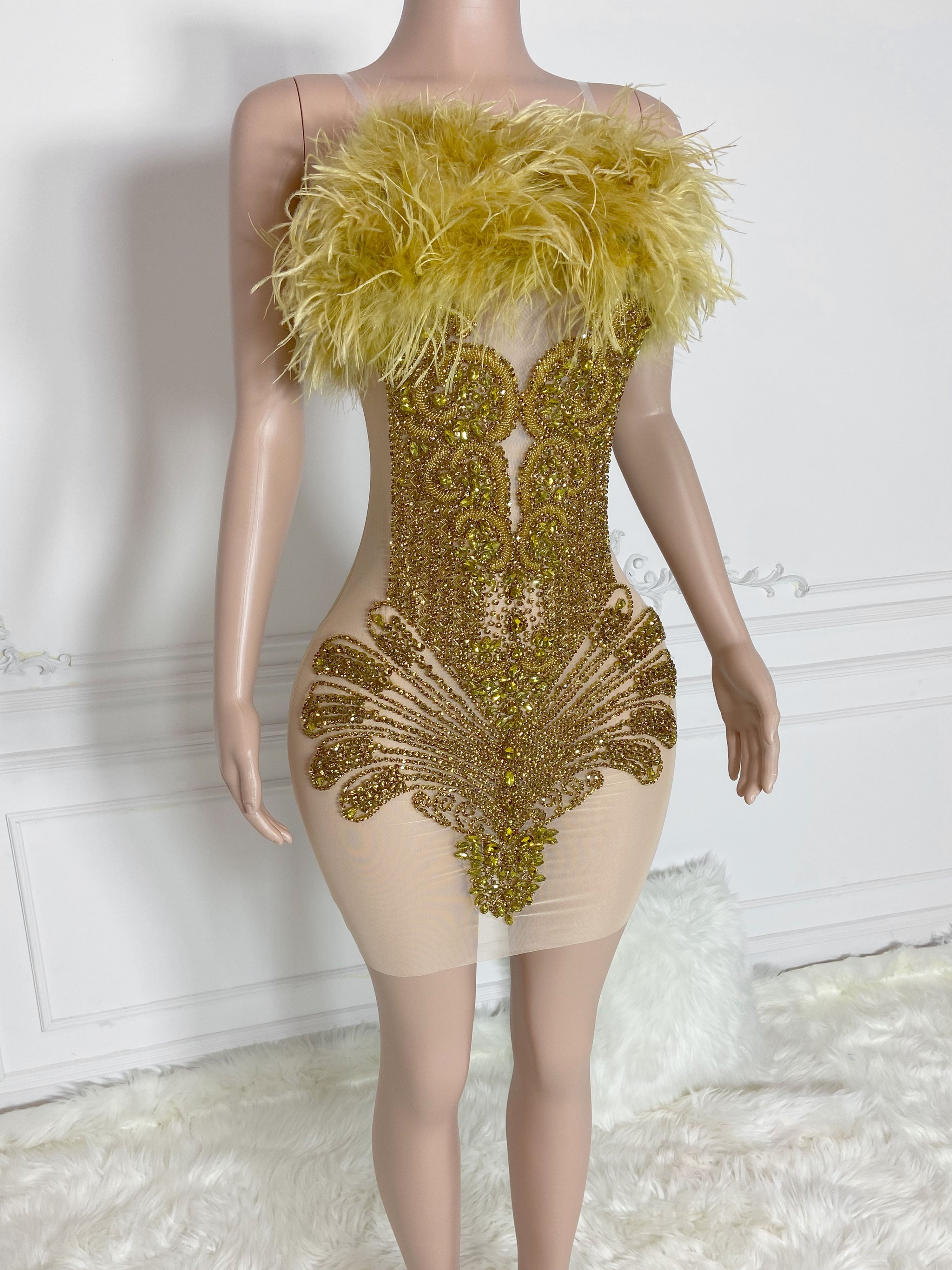 Gold Rhinestone Collar Sleeveless Rhinestone Mini Dress
