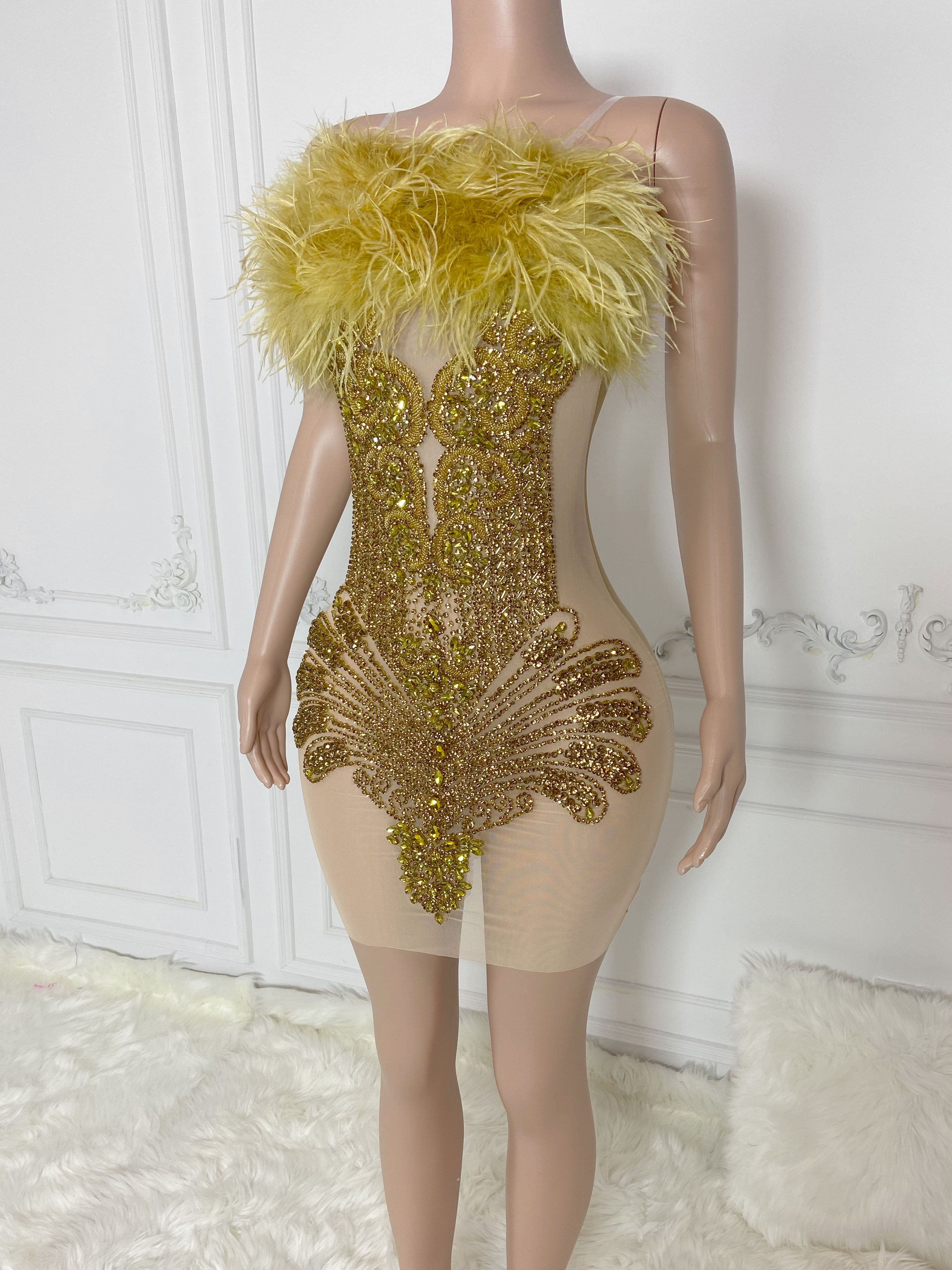 Gold Rhinestone Collar Sleeveless Rhinestone Mini Dress